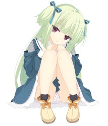 1girl absurdres blunt_bangs blunt_ends boots bow clenched_hands closed_mouth commentary_request dress eyes_visible_through_hair food_print footwear_bow fruit_print full_body green_bow green_hair green_jacket green_ribbon green_serafuku green_skirt hair_bow hair_ribbon hands_up head_tilt highres hime_cut jacket kaon_zz knees_together_feet_apart knees_up legs long_hair long_sleeves looking_at_viewer murasame_(senren) official_alternate_costume orange_bow paid_reward_available panties pantyshot print_panties red_eyes ribbon sailor_collar school_uniform senren_banka serafuku sidelocks simple_background sitting skirt socks solo straight_hair strawberry_panties strawberry_print two_side_up underwear very_long_hair white_background white_panties white_sailor_collar yellow_boots