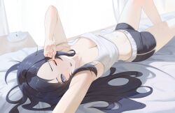 1girl absurdres bedroom black_hair black_shorts commission commissioner_upload grey_eyes highres loose_clothes loose_shirt mask midriff mushoku_tensei nanahoshi_shizuka navel non-web_source rasipan rubbing_eyes shirt shorts sleepy waking_up