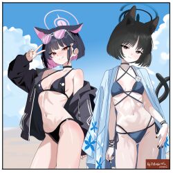 2girls absurdres alternate_costume animal_ear_fluff animal_ears bikini black_bikini black_choker black_eyes black_hair black_jacket black_nails blue_archive blue_bikini blue_haori blunt_ends blush breasts cat_ears cat_girl cat_tail choker closed_mouth colored_inner_animal_ears colored_inner_hair commentary_request extra_ears eyewear_on_head haori highres jacket japanese_clothes kazusa_(blue_archive) kikyou_(blue_archive) kikyou_(swimsuit)_(blue_archive) looking_at_viewer melissa_v2 multicolored_hair multiple_girls multiple_tails official_alternate_costume parted_bangs pink-tinted_eyewear pink_eyes pink_hair short_hair single_bare_shoulder smile sunglasses swimsuit tail tinted_eyewear two-tone_hair two_tails v