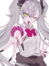 1girl 590kogure590 black_skirt bow bowtie breasts collared_shirt demon_girl demon_horns fate/grand_order fate_(series) green_eyes grey_hair highres horns lilith_(fate) long_hair looking_at_viewer medium_breasts one_eye_closed open_mouth pointy_ears scrunchie shirt short_sleeves skirt solo tongue tongue_out twintails white_shirt wrist_scrunchie