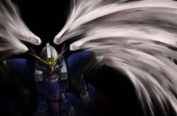 Rule 34 | 1other, bad id, bad pixiv id, black background, commentary, english commentary, feathered wings, feathers, gundam, gundam wing, gundam wing: endless waltz, humanoid robot, mecha, mecha focus, mechanical wings, mobile suit, multiple wings, no humans, robot, science fiction, simple background, solo, spread wings, totuka, upper body, v-fin, white feathers, wing gundam zero custom, wings