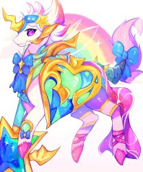 absurdres blue_bow blue_bowtie bow bowtie character_request dragon dragon_village_(series) dragon_village_collection full_body highres hooves horns looking_at_viewer no_humans purple_eyes rainbow shield single_horn tail tail_bow tail_ornament torapuff wand white_background