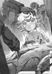 1boy 1girl blood blood_on_clothes bondrewd clipboard commentary covered_face covered_mouth crowd dutch_angle flipped_hair gloves greyscale hand_on_another&#039;s_head high_collar highres holding holding_clipboard holding_pen holding_scalpel holding_tray industrial_pipe jacket long_sleeves looking_at_another made_in_abyss mask monochrome mouth_mask multiple_others organs out_of_frame outside_border pen prushka sansanpai short_hair solo_focus surgery surgical_mask tray