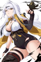 1girl absurdres ahoge bird bird_on_hand black_shorts black_thighhighs breasts cleavage hair_ornament hairclip high-waist_shorts highres kirima_(user_danf8787) large_breasts long_hair looking_at_viewer parted_lips short_shorts shorts solo thigh_strap thighhighs thighs very_long_hair white_hair yellow_eyes yi_xuan_(zenless_zone_zero) zenless_zone_zero