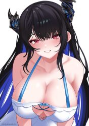 1girl absurdres asymmetrical_horns bare_shoulders black_hair black_horns blue_hair breasts cleavage dress highres hololive hololive_english horns huge_breasts long_hair mole mole_under_eye multicolored_hair nerissa_ravencroft parted_lips simple_background smile solo two-tone_hair uneven_horns upper_body virtual_youtuber white_background white_dress xynian_arts