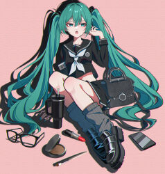 1girl absurdres black_bag black_sailor_collar black_shirt black_shoes black_skirt blue_eyes blue_hair blue_nails blush cellphone grey_socks hair_between_eyes hatsune_miku highres lipstick long_hair looking_at_viewer loose_socks makeup makeup_brush makeup_palette miniskirt neckerchief open_mouth phone sailor_collar shirt shoes sidelocks skirt smartphone socks solo striped_clothes striped_socks tiandingfengren twintails unworn_eyewear vertical-striped_clothes vertical-striped_socks vocaloid white_neckerchief