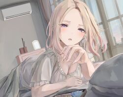 Rule 34 | 1girl, absurdres, air conditioner, blonde hair, breasts, cellphone, cellphone photo, cleavage, dress, forehead, frilled dress, frills, gakuen idolmaster, highres, idolmaster, indoors, juo sena, lying, medium breasts, multicolored hair, on stomach, phone, pink hair, purple eyes, sherlock hime, sleepwear, solo, streaked hair, two-tone hair, white dress
