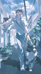 1boy absurdres blue_pants brown_hair cloud commentary dog facing_viewer full_body haikyuu!! highres holding holding_leash jacket jiyun0805 leash male_focus oikawa_tooru_(haikyuu!!) open_clothes open_jacket open_mouth outdoors outstretched_arm pants pet_walking pinstripe_jacket pinstripe_pattern plant potted_plant shirt short_hair short_sleeves smile solo standing standing_on_one_leg symbol-only_commentary utility_pole white_jacket white_shirt