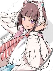 1girl animal_ear_headphones animal_ears blunt_bangs blunt_ends blush bob_cut brown_hair cat_ear_headphones closed_mouth collared_shirt commentary_request diagonal-striped_clothes diagonal-striped_necktie dress_shirt fake_animal_ears headphones highres hood hooded_jacket ikizulive!_love_live!_bluebird jacket long_sleeves looking_at_viewer love_live! necktie open_clothes open_jacket orange_necktie purple_eyes sasaki_shion shirt short_hair sketch smile solo sparkle striped_clothes syoma_(1026syoma) upper_body white_headphones white_jacket white_shirt