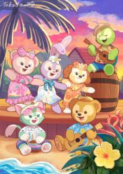 3boys 3girls animal_ears bow cookieann dog dog_ears dog_girl duffy_and_friends duffy_the_disney_bear full_body gelatoni guitar highres holding instrument looking_at_viewer multiple_boys multiple_girls no_humans olu_mel rabbit_ears rabbit_girl shelliemay shirt smile standing stellalou stuffed_animal stuffed_toy takatmaorange turtle_boy