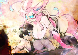 +++ 1boy 1girl :3 afterimage animal_ears animal_nose annoyed artist_name black_hair black_necktie black_skirt blue_eyes blue_sclera body_fur bow bowtie breast_pocket breasts cleavage collared_shirt colored_sclera dated ear_bow furry furry_female gen_6_pokemon hair_between_eyes hair_ribbon half-closed_eye half-closed_eyes hand_on_another&#039;s_head hetero interspecies jitome large_breasts leaning_forward leaning_on_person long_hair long_sleeves looking_at_another motion_lines necktie off_shoulder open_mouth original parted_lips personification pink_bow pink_bowtie pink_fur pink_hair pocket pokemon ribbon shirt short_hair sidelocks signature skirt squiggle sylveon tail tail_wagging thwillartz twitter_username two-tone_fur white_eyes white_fur white_ribbon white_shirt yellow_shirt