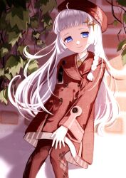 1girl a.i._voice absurdres against_wall aged_down arm_behind_back beekan beret blue_eyes blunt_bangs braid brick_wall buttons closed_mouth coat dress feet_out_of_frame floating_hair grey_dress hair_ornament half-closed_eyes hand_on_own_thigh hat head_tilt highres kizuna_akari kizuna_akari_(tsubomi) leaning_back long_hair long_sleeves looking_at_viewer neck_ribbon peacoat pigeon-toed plant red_coat red_hat ribbon shadow short_dress side_braid sidelighting smile solo star_(symbol) star_hair_ornament vines voiceroid white_hair yellow_ribbon