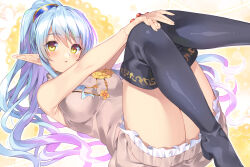 1girl black_thighhighs blue_hair breasts bucchake_(asami) elf flower frilled_skirt frills iris_mysteria! long_hair looking_at_viewer lying medium_breasts on_back pointy_ears ponytail skirt sophialena_bronseca_kukka_jatkuu thighhighs thighs very_long_hair yellow_eyes