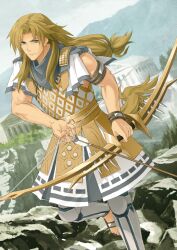 1boy armband armor arrow_(projectile) blonde_hair blue_eyes blue_sash blue_scarf bow_(weapon) breastplate chiron_(fate) closed_mouth curtained_hair dutch_angle fate/grand_order fate_(series) foot_out_of_frame gold_armor hair_tie holding holding_arrow holding_bow_(weapon) holding_weapon horse_boy horse_tail konoe_ototsugu leg_armor leg_up long_hair looking_at_viewer low-tied_long_hair male_focus no_socks official_art pectoral_cleavage pectorals sandals sash scarf sleeveless smile solo tail third-party_source toes toned toned_male tunic v-shaped_eyebrows variant_set weapon white_tunic wristband
