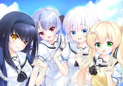 Rule 34 | &gt; o, 4girls, :d, ;), absurdres, arm hug, ascot, black ascot, black bow, black hair, black hairband, blonde hair, blue background, blue capelet, blue eyes, blue hair, blue sky, blush, bow, braid, capelet, closed mouth, cloud, commentary, cowboy shot, crown braid, day, eyes visible through hair, green eyes, hair between eyes, hair bow, hair bun, hair intakes, hair ornament, hairband, hands up, happy, highres, holding hands, interlocked fingers, kushima kamome, long hair, looking at viewer, miraikanai, multiple girls, naruse shiroha, one eye closed, open mouth, outdoors, puffy short sleeves, puffy sleeves, red eyes, ringed eyes, sailor collar, school uniform, serafuku, shirt, short sleeves, sidelocks, simple background, single hair bun, skirt, sky, smile, sorakado ao, split mouth, summer pockets, summer pockets school uniform, sweater vest, tsumugi wenders, upper body, v, white hair, white sailor collar, white serafuku, white shirt, white skirt, x hair ornament, yellow eyes, yellow sweater vest