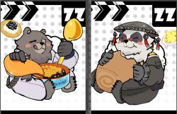 2boys animal_ears art_program_in_frame barefoot bear_boy bear_ears ben_bigger black_fur black_pants blush bracelet brown_fur cake can caviar chibi chibi_only claws closed_eyes closed_mouth commentary cracker fat fat_man food fried_rice furry furry_male giant_spoon holding holding_can holding_food holding_spoon jacket jewelry khwanzg looking_to_the_side male_focus multicolored_fur multiple_boys notched_ear pan_yinhu panda_boy panda_ears pants pawpads scar scar_across_eye scar_on_face shirt sitting spiked_bracelet spikes spoon swiss_roll symbol-only_commentary tongue tongue_out white_fur white_jacket white_pants wok yellow_shirt zenless_zone_zero