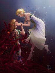 1boy 1girl ancient_set_(zelda) armlet bare_shoulders blonde_hair blood blood_on_face body_markings bracelet braid circlet commentary corruption crown_braid dress earrings english_commentary floating green_tunic hand_on_another&#039;s_arm hands_on_another&#039;s_cheeks hands_on_another&#039;s_face high_heels highres holding holding_another&#039;s_wrist holding_sword holding_weapon impaled injury jewelry link long_hair looking_at_another master_sword necklace nintendo parted_bangs pointy_ears princess_zelda profile severed_limb short_hair sidelocks single_bare_shoulder sparkle strapless strapless_dress sword the_legend_of_zelda the_legend_of_zelda:_tears_of_the_kingdom tommy_worthington tunic weapon white_dress