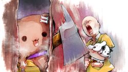 1boy 1girl animalization axe bone_hair_ornament broken_door commentary_request creature futo-inu hair_ornament here&#039;s_johnny!_(meme) hole_in_wall hololive hoso-inu ikayaki_(ikayaki4) inugami_korone inugami_korone_(dog) jacket listener_(inugami_korone) meme mixed-language_commentary parody scared scene_reference solid_circle_eyes the_shining tongue tongue_out virtual_youtuber yellow_jacket