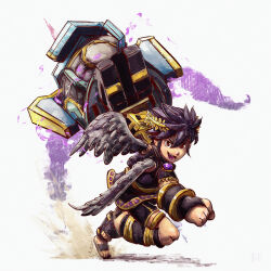 1boy angel angel_wings artist_logo bike_shorts clenched_hand dark_pit electricity electroshock_arm_(kid_icarus) full_body jmarme kid_icarus kid_icarus_uprising laurel_crown logo male_focus nintendo red_eyes solo wings