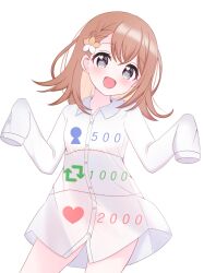 1girl :d absurdres blush bottomless braid breasts collared_shirt commentary_request contrapposto cowboy_shot crossed_bangs flower hair_flower hair_ornament hanasato_minori heart heart-shaped_pupils highres long_sleeves looking_at_viewer medium_hair my_diary open_mouth oversized_clothes oversized_shirt project_sekai shirt side_braid simple_background sleeves_past_fingers sleeves_past_wrists small_breasts smile solo symbol-shaped_pupils thighs twitter_cutting_game white_background white_shirt