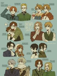 1girl 6+boys ahoge america_(hetalia) arrow_(symbol) ascot austria_(hetalia) axis_powers_hetalia baby_animal back-to-back beak belt bird black-framed_eyewear black_belt black_eyes black_gloves black_hair black_necktie black_shirt blonde_hair blue_background blue_eyes blue_hoodie blue_jacket blush bow bowtie breast_pocket brothers brown_coat brown_eyes brown_hair canada_(hetalia) capelet character_name chick china_(hetalia) closed_mouth coat collared_capelet collared_coat collared_dress collared_jacket collared_shirt commentary_request cross cup disposable_cup dress drinking_straw facial_hair flower france_(hetalia) frills germany_(hetalia) gilbird glasses gloves green_capelet green_dress green_eyes green_jacket green_necktie green_shirt green_vest grey_hair hair_between_eyes hair_flower hair_ornament half-closed_eyes hand_on_own_face hand_up hands_up haruki_chise headscarf holding holding_cup holding_lead_pipe hood hoodie hungary_(hetalia) iron_cross jacket japan_(hetalia) lapels lead_pipe lithuania_(hetalia) long_hair long_sleeves looking_at_another looking_at_viewer looking_back low_ponytail military_jacket military_uniform mole mole_under_mouth multiple_boys necktie northern_italy_(hetalia) open_mouth orange_hair parted_bangs pet pink_flower pocket pointing poland_(hetalia) ponytail prussia_(hetalia) purple_eyes red_bow red_bowtie red_eyes red_shirt russia_(hetalia) scarf semi-rimless_eyewear shirt short_hair siblings sidelocks simple_background smile smug southern_italy_(hetalia) spain_(hetalia) sweatdrop teeth twins united_kingdom_(hetalia) upper_body v-shaped_eyebrows vest white_ascot white_headscarf white_hoodie white_jacket white_scarf white_shirt yaoi