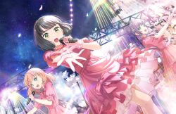 Rule 34 | 3girls, :d, :o, aqua eyes, black hair, blunt bangs, blunt ends, breasts, cerise bouquet, cherry blossoms, crossed bangs, dress, dutch angle, falling petals, feet out of frame, foreshortening, game cg, green eyes, hair bun, hairband, highres, hinoshita kaho, holding, holding microphone, leg up, link! like! love live!, long hair, looking at another, looking at viewer, love live!, medium breasts, medium dress, medium hair, microphone, momose ginko, multiple girls, neck ribbon, night, night sky, official alternate costume, official art, open mouth, orange hair, otomune kozue, outdoors, outstretched arm, petals, pink dress, pink ribbon, puffy short sleeves, puffy sleeves, purple hair, reflection in the mirror (love live!), ribbon, short hair, short sleeves, side ponytail, sidelocks, single side bun, sky, smile, star (sky), starry sky, teeth, third-party source, two side up, upper teeth only, virtual youtuber, white hairband