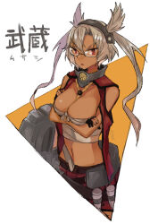 1girl black_gloves breasts budget_sarashi character_name chest_sarashi commentary_request crossed_arms dark-skinned_female dark_skin glasses gloves grey_hair headgear kantai_collection long_hair mogamiya_honu musashi_(kancolle) parted_lips partially_fingerless_gloves pointy_hair red_eyes sarashi simple_background solo
