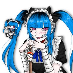 alternate_costume amemiya_darumi apron bandaged_wrist bandages black_bow black_hair black_shoes blue_hair bow charm_(object) chibi looking_at_viewer maid_apron maid_headdress multicolored_hair nigou_(hundred_line) peace_symbol pink_eyes roots_(hair) shoes socks the_hundred_line_-last_defense_academy- twintails upper_body white_background white_socks