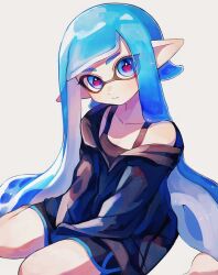 Rule 34 | 1girl, bare shoulders, barefoot, black jacket, black shorts, black tank top, blue eyes, blue hair, closed mouth, collarbone, dolphin shorts, heart, heart-shaped pupils, inkling, inkling girl, inkling player character, jacket, kodak painter, long hair, long sleeves, looking at viewer, nintendo, pink pupils, pointy ears, revision, shorts, sitting, sleeves past fingers, sleeves past wrists, solo, splatoon (series), symbol-shaped pupils, tank top, tentacle hair, very long hair, wariza