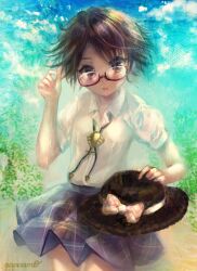 1girl alternate_hair_length alternate_hairstyle amo_(shibu3) black_hat blue_background blurry blurry_background bow brown_eyes brown_hair cloud gradient_background green_background hat jewelry necklace open_mouth plaid_clothes plaid_skirt purple_skirt quimbaya_airplane red-framed_eyewear shirt short_hair skirt solo sweatdrop touhou usami_sumireko white_bow white_shirt