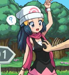 1boy 1girl ? arm_up beanie black_hair black_shirt bracelet dawn_(pokemon) day eyelashes flower flying_sweatdrops grabbing_another&#039;s_breast grass grey_eyes groping hair_ornament hairclip hat hetero highres jewelry light_blush long_hair looking_down motion_lines nintendo open_mouth outdoors pink_skirt pokemon pokemon_dppt poketch scarf shirt sign skirt sky sleeveless sleeveless_shirt spoken_question_mark sweatdrop takamame tongue tree watch white_hat wristwatch
