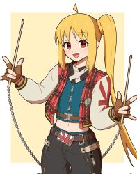 Rule 34 | 1girl, :d, ahoge, axl low, axl low (cosplay), bandana, belt, black pants, blonde hair, bocchi the rock!, brown gloves, cosplay, detached ahoge, drumsticks, fingerless gloves, gloves, guilty gear, guilty gear strive, highres, ijichi nijika, jacket, kusarigama, long sleeves, midriff, navel, nirade44, open mouth, pants, plaid clothes, plaid jacket, red eyes, sickle, side ponytail, sidelocks, smile, solo, stomach, two-tone background, union jack, weapon, zipper pull tab