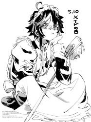 Rule 34 | 1boy, ahoge, apron, collared dress, crossdressing, dress, greyscale, highres, inami rai, juliet sleeves, long dress, long sleeves, looking at viewer, maid, maid apron, maid headdress, male focus, male maid, monochrome, multicolored hair, nijisanji, puffy sleeves, ribbon, short hair, simple background, sitting, sketch, sleeve cuffs, solo, two-tone hair, virtual youtuber, watermark, white background, zakiaoi