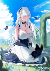 1girl absurdres apron artist_name azur_lane belfast_(azur_lane) blue_butterfly blue_sky braid breasts broken broken_chain bug butterfly chain cleavage closed_eyes closed_mouth cloud collar commentary flower frilled_gloves frills gloves grass half_up_braid highres hikaru_aruka insect large_breasts long_hair low_neckline maid maid_apron maid_headdress outdoors sitting sky smile solo very_long_hair waist_apron white_hair