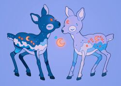 Rule 34 | animal, blue background, blue fur, blue theme, closed eyes, cloud print, commentary, crescent, crescent facial mark, crescent moon, deer, english commentary, facial mark, fawn, forehead mark, full body, full moon, glowing, heart, highres, hooves, meyoco, monochrome, moon, night, night sky, no humans, ocean, original, simple background, sky, sky print, sparkle, standing, star (sky), star (symbol), star facial mark, starry sky print, wave print, waves