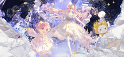 2girls :3 animal anklet bead_anklet beads bird bow bow-shaped_hair bowtie bridge brown_eyes capelet castle cat child choker circle_skirt clothed_animal collarbone double_bun dress eyelashes fireworks floating_clothes floating_hair flower footwear_bow frilled_gloves frilled_skirt frills gloves goose hair_bun hair_flower hair_ornament happy highres hood hood_up hooded_capelet jacket jewelry long_dress long_hair long_sleeves looking_at_another looking_at_viewer mary_janes miniskirt miracle_nikki momo_(nikki) multiple_girls night night_sky nikki_(nikki) nikki_(series) open_mouth outdoors outstretched_arm pantyhose paper_texture petting pink_hair pink_jacket pleated_skirt pom_pom_(clothes) pom_pom_hair_ornament puffy_long_sleeves puffy_short_sleeves puffy_sleeves railing red_bow red_bowtie revealing_layer sandals shoes short_hair short_sleeves skirt sky smile sparkle stairs sweater_jacket thighhighs time_paradox twintails very_long_hair watermark weibo_watermark whiskers white_cat white_choker white_dress white_flower white_footwear white_gloves white_pantyhose white_skirt white_thighhighs yellow_bow yellow_capelet yellow_sandals zangzang_shi_yi_zhi_jianlian_zanghu