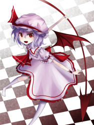 1girl ascot bad_feet bat_wings bent_over checkered_background dress fang female_focus flying hako_momiji hat kneehighs light_purple_hair looking_at_viewer mob_cap open_mouth polearm red_eyes remilia_scarlet short_hair socks solo spear touhou weapon wings wrist_cuffs