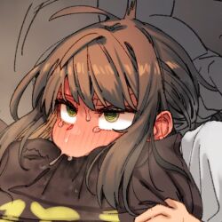 1girl @_@ ahoge blush brown_hair commentary_request ear_blush ergot fubuki_(kancolle) green_eyes grey_background kantai_collection long_hair pillow_bite shirt solo sweat white_shirt