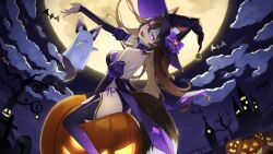+_+ absurdres animal_ears asymmetrical_sleeves bare_back bat_(animal) bell black_bridal_gauntlets bow breasts bridal_gauntlets brown_hair castle cloud detached_collar double-parted_bangs dress fang fox fox_ears fox_girl fox_tail ghost glowing hat highres indie_virtual_youtuber jack-o&#039;-lantern kumajyayo lantern looking_at_viewer medium_breasts moon multicolored_hair night night_sky outdoors panties pumpkin purple_bow purple_dress purple_panties purple_thighhighs revealing_clothes rima_evenstar rima_evenstar_(rima_2.0) sidelocks skin_fang sky tail thighhighs two-tone_hair underwear virtual_youtuber white_hair witch_hat