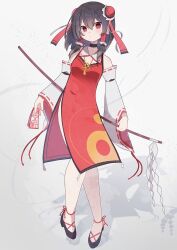 Rule 34 | 1girl, adapted costume, alternate costume, between fingers, black choker, black shoes, bow, breasts, brown hair, china dress, chinese clothes, choker, closed mouth, commentary, detached sleeves, double bun, dress, frilled hair tubes, frilled sleeves, frills, gohei, hair bun, hair tubes, hakurei reimu, highres, holding, holding gohei, long hair, ofuda, ofuda between fingers, red bow, red eyes, ribbon-trimmed sleeves, ribbon trim, shadow, shoes, side slit, solo, touhou, yin yang, yin yang print, yuzupon (yuzuponpon)