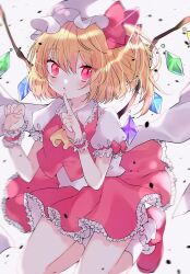 1girl absurdres blonde_hair crystal cyakkorotan flandre_scarlet frilled_skirt frilled_wrist_cuffs frills hat highres index_finger_raised looking_at_viewer mob_cap puffy_short_sleeves puffy_sleeves red_eyes red_ribbon red_skirt red_vest ribbon shirt short_sleeves skirt slit_pupils socks solo touhou vest white_shirt white_socks wrist_cuffs