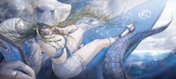 1girl arknights bikini blue_bikini breasts crocodilian_tail gavial_(arknights) gavial_the_invincible_(arknights) gavial_the_invincible_(holiday)_(arknights) green_eyes green_hair hat highres holding holding_phone in_water jacket jewelry long_hair open_clothes open_jacket phone ring sandals selfie shorts smile solo sunglasses swimsuit tail tongue tongue_out white_hat white_shorts zhiyu502921798