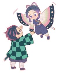 animal_print belt blue_butterfly blush bug butterfly butterfly_hair_ornament butterfly_print checkered_clothes checkered_haori checkered_sash chibi demon_slayer_uniform earrings full_body gradient_hair hair_ornament hanafuda_earrings haori highres insect japanese_clothes jewelry kamado_tanjirou kimetsu_no_yaiba kishimen_hair kochou_shinobu multicolored_hair original purple_butterfly scar scar_on_face scar_on_forehead simple_background smile sword_writing updo user_fhwv8447 white_background white_belt |_|