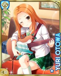 1girl blouse bow brown_eyes card character_name closed_mouth day electric_guitar girlfriend_(kari) green_bow green_skirt guitar holding holding_instrument indoors instrument long_hair looking_at_viewer official_art one_eye_closed orange_hair otowa_yuri plaid_clothes plaid_skirt qp:flapper school_uniform shirt sitting skirt solo straight_hair tagme white_shirt