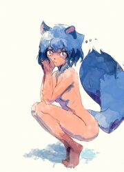 1girl animal_ears animal_nose blue_hair body_fur brand_new_animal brown_fur butterchalk closed_mouth completely_nude from_side full_body furry furry_female hands_in_hair highres kagemori_michiru looking_at_viewer looking_to_the_side nude painting_(medium) raccoon_ears raccoon_girl raccoon_nose raccoon_tail red_eyes short_hair solo squatting tail tiptoes traditional_media trigger_(company) watercolor_(medium) white_background