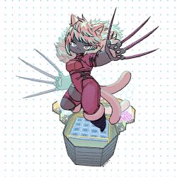 Rule 34 | animal ears, arena, audience, black cat (ff14), black footwear, boxing ring, breasts, brown eyes, cat ears, chibi, dark skin, extra tails, fangs, final fantasy, final fantasy xiv, floating, full body, fur-trimmed jumpsuit, fur trim, hexagon, highres, huge claws, jumpsuit, looking at viewer, medium breasts, medium hair, open mouth, pawpads, pink fur, pink jumpsuit, polka dot, polka dot background, shizimiz, slit pupils, smile, yaana (ff14)