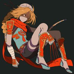 1girl alternate_color alternate_skin_color black_background blonde_hair braid claw_(weapon) dark-skinned_female dark_skin fingerless_gloves floating full_body gloves long_hair long_scarf mask mouth_mask nintendo player_2 red_eyes red_scarf scarf sheik solo super_smash_bros. the_legend_of_zelda the_legend_of_zelda:_ocarina_of_time weapon yasaikakiage