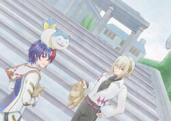 1other 2boys aqua_fur blue_eyes blue_hair commentary_request crossed_bangs fire_emblem fire_emblem_engage hair_between_eyes heterochromia highres looking_at_viewer male_alear_(fire_emblem) multicolored_hair multiple_boys nintendo pillar prince rafal_(fire_emblem) red_eyes red_hair short_hair sommie_(fire_emblem) split-color_hair stairs stone_stairs toki_(xxxxxmoe1983oct) two-tone_fur two-tone_hair white_fur white_hair