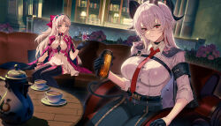2girls absurdres black_gloves black_horns black_jacket black_pants bow breasts button_gap can carlotta_(wuthering_waves) chest_harness closed_mouth commentary crystal cup curled_horns dress drink_can earrings gloves grey_hair hair_between_eyes hair_bow hand_up harness high-waist_pants highres holding holding_can horns jacket jacket_on_shoulders jewelry large_breasts latte_art long_hair looking_at_viewer medium_breasts molyb multicolored_hair multiple_girls necktie pants pink_bow pink_jacket red_eyes red_necktie shirt_tucked_in sitting smile streaked_hair tight_clothes tight_pants white_dress wuthering_waves zani_(wuthering_waves)