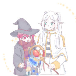 1boy 1girl :o absurdres alexis_ness belt belt_buckle black_belt black_hat black_robe blue_lock brown_scarf brown_sweater buckle capelet character_request check_character closed_mouth crossover elf frieren green_eyes hair_over_shoulder hat highres holding holding_staff hood hood_down hooded_robe long_hair long_sleeves pointy_ears robe scarf seila_rei shirt short_eyebrows simple_background skirt smile sousou_no_frieren staff striped_clothes striped_shirt sweater thick_eyebrows twintails white_background white_capelet white_hair white_skirt witch_hat